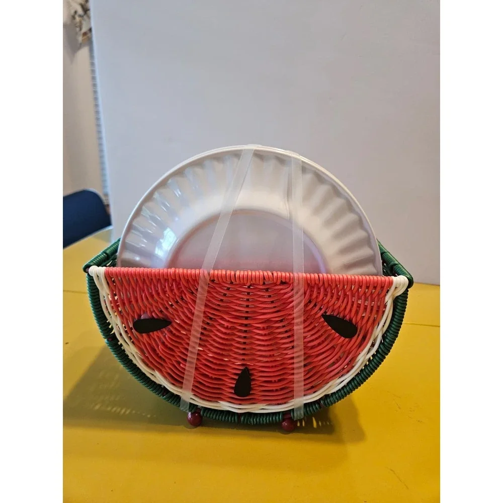 Watermelon Wicker Basket w Melamine 4 Bowls 4 Plates‎ Picnic Summer Pool Party